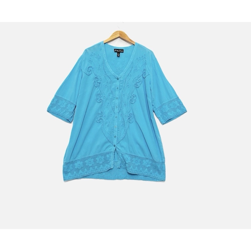 Gretty Zueger Top Tunic Size XL Teal Boho Embroidered Lagenlook Artsy Crochet